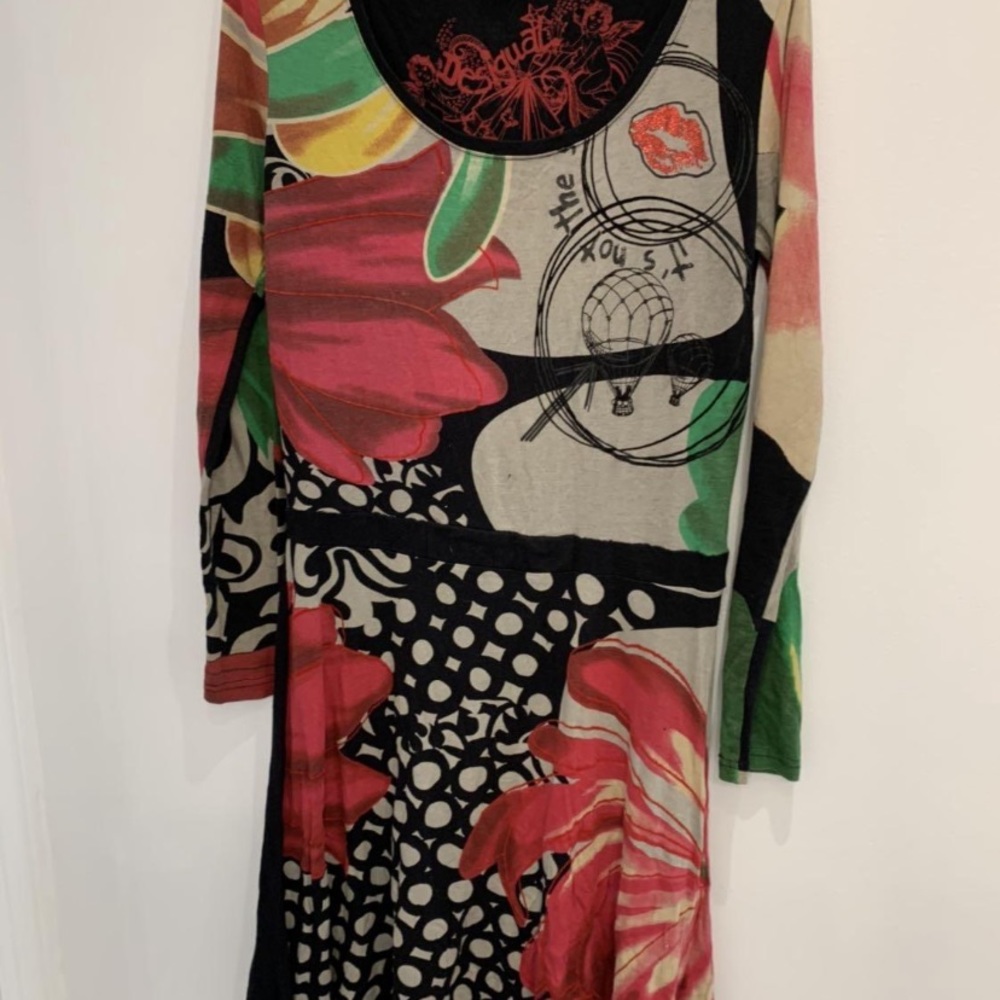 Desigual XL long sleeve dress pattern front black back dress